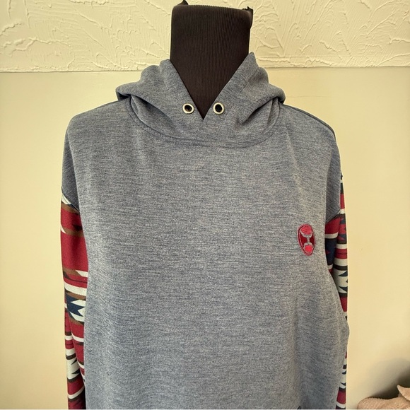 Hooey Other - Hooey Blue Hoodie with Red and Gray Patterned Sleeves